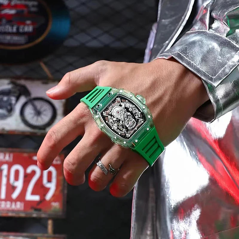 New Designer Hollow Tonneau Mechanical Watch Men Luxury Brand Skeleton Automatic Watches Mens Sport Silicone Wristwatch