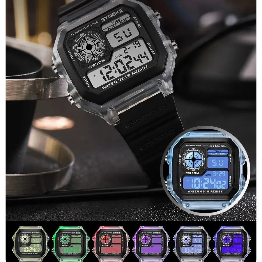 Digital Watches Men Sports Luminous Multifunction Waterproof Chrono Wristwatch Outdoor and Running Student Seven Lights