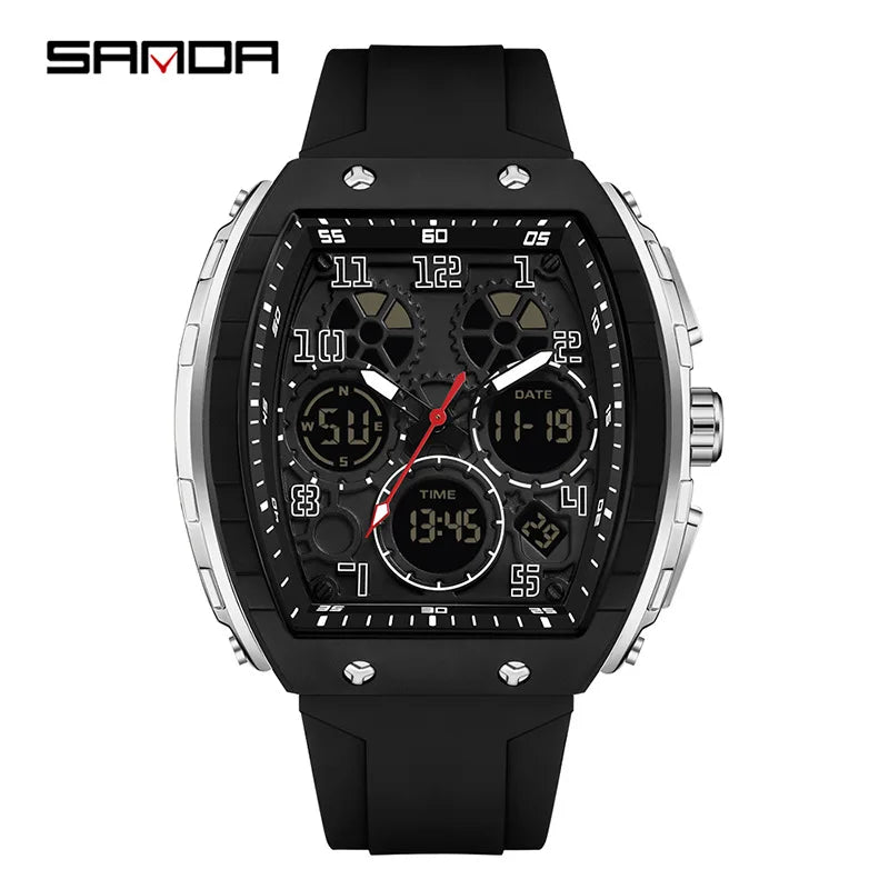 Men Sports Digital Wrist Watches for Male Clock Dual Display Man Tonneau Watches Chronograph Luminous Silicone Band Dropship