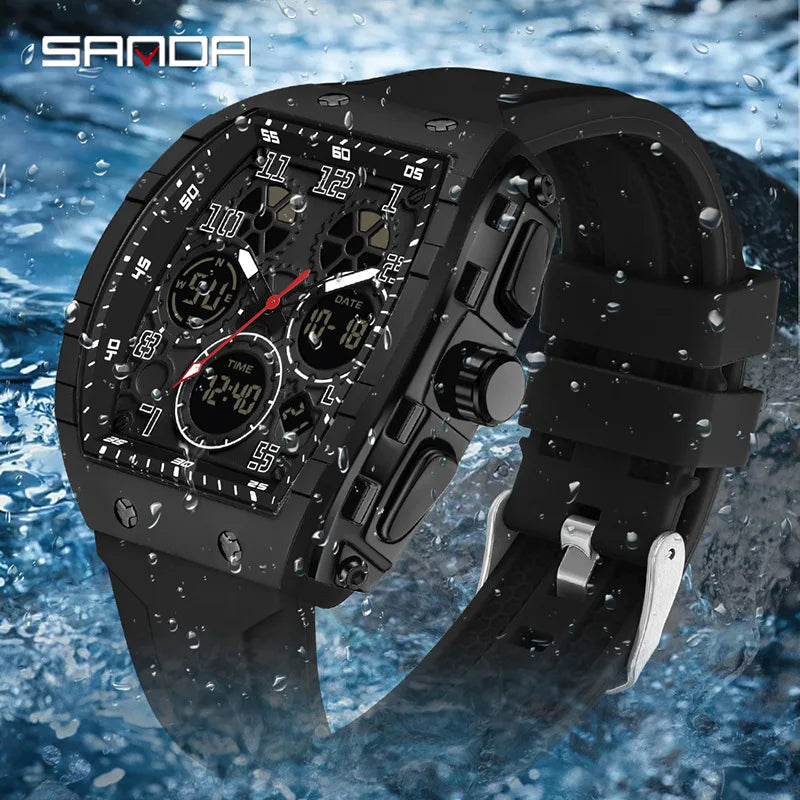 Men Sports Digital Wrist Watches for Male Clock Dual Display Man Tonneau Watches Chronograph Luminous Silicone Band Dropship