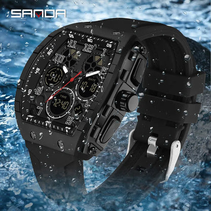 Men Sports Digital Wrist Watches for Male Clock Dual Display Man Tonneau Watches Chronograph Luminous Silicone Band Dropship