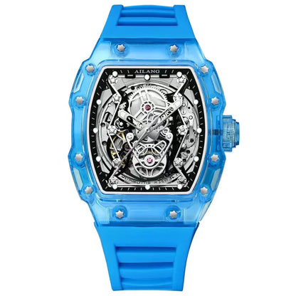 New Designer Hollow Tonneau Mechanical Watch Men Luxury Brand Skeleton Automatic Watches Mens Sport Silicone Wristwatch