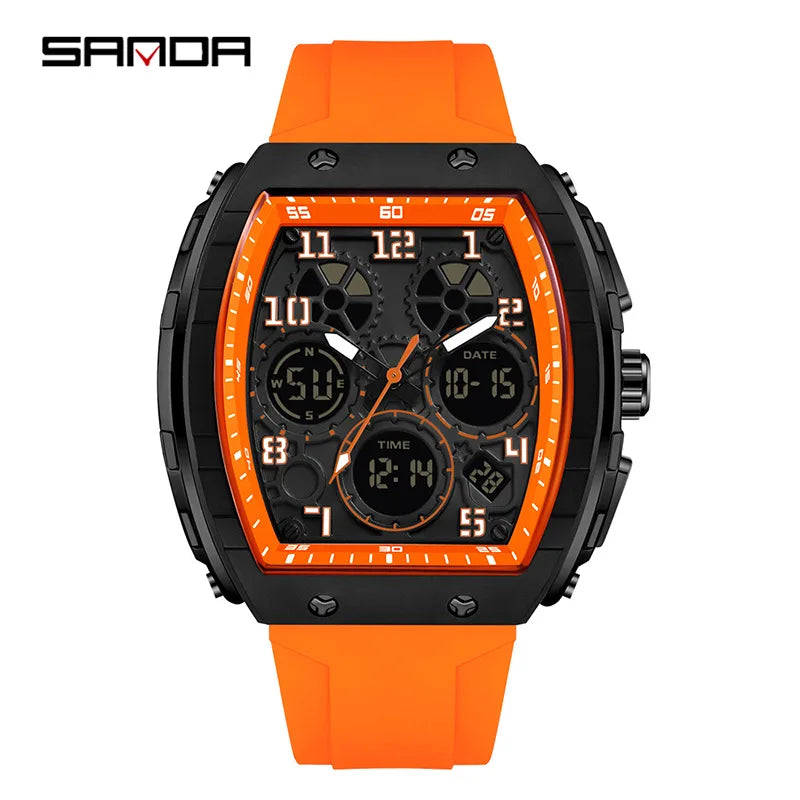 Men Sports Digital Wrist Watches for Male Clock Dual Display Man Tonneau Watches Chronograph Luminous Silicone Band Dropship