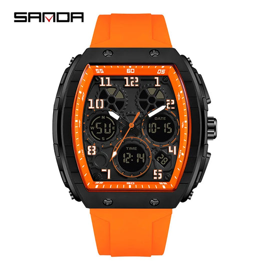 Men Sports Digital Wrist Watches for Male Clock Dual Display Man Tonneau Watches Chronograph Luminous Silicone Band Dropship