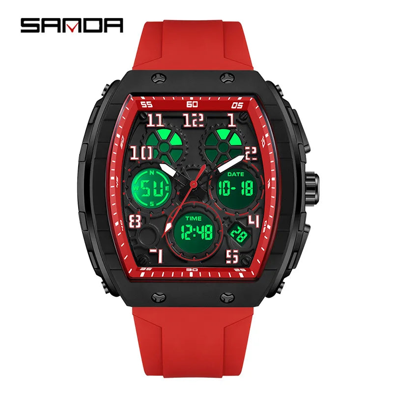 Men Sports Digital Wrist Watches for Male Clock Dual Display Man Tonneau Watches Chronograph Luminous Silicone Band Dropship