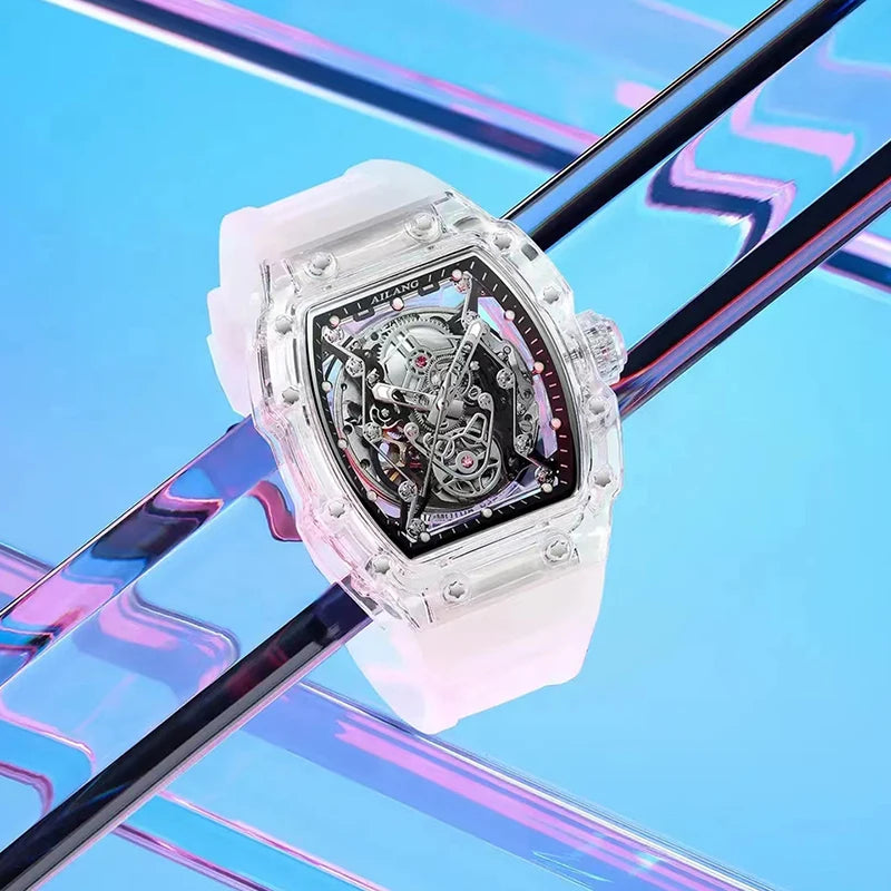 New Designer Hollow Tonneau Mechanical Watch Men Luxury Brand Skeleton Automatic Watches Mens Sport Silicone Wristwatch