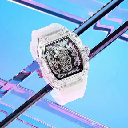 New Designer Hollow Tonneau Mechanical Watch Men Luxury Brand Skeleton Automatic Watches Mens Sport Silicone Wristwatch