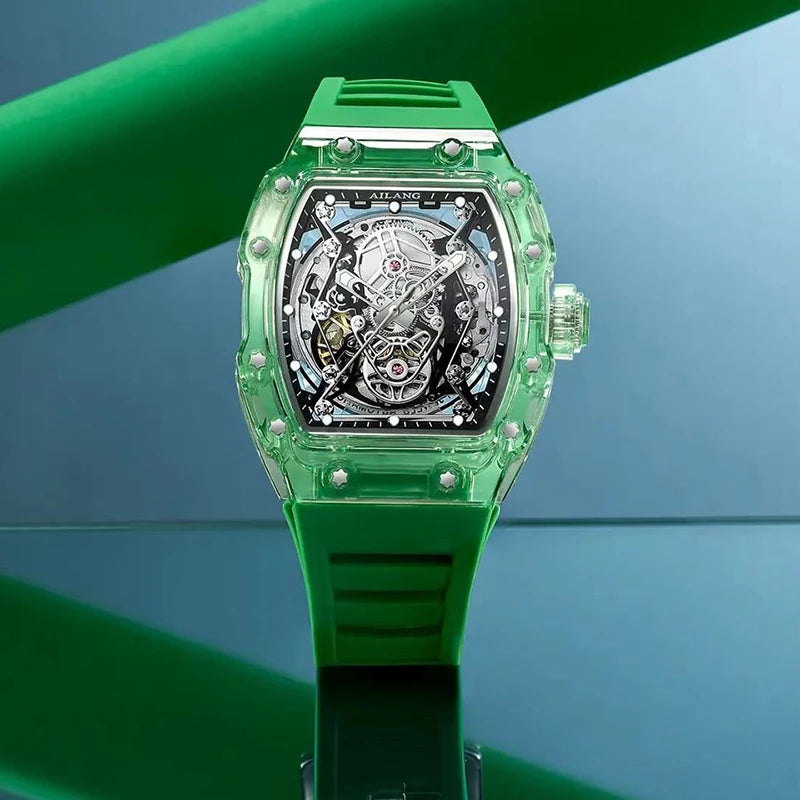 New Designer Hollow Tonneau Mechanical Watch Men Luxury Brand Skeleton Automatic Watches Mens Sport Silicone Wristwatch