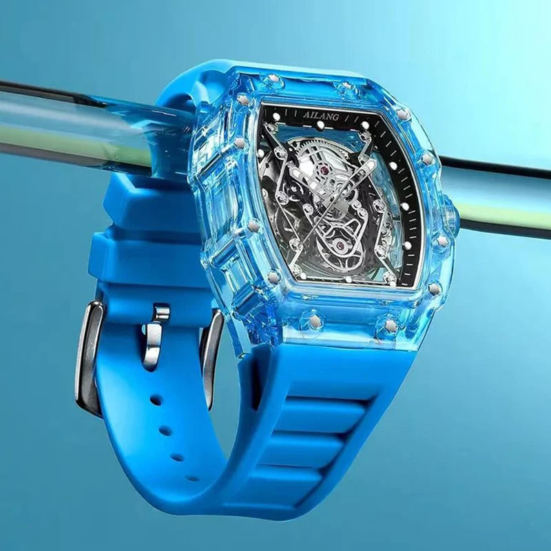 New Designer Hollow Tonneau Mechanical Watch Men Luxury Brand Skeleton Automatic Watches Mens Sport Silicone Wristwatch