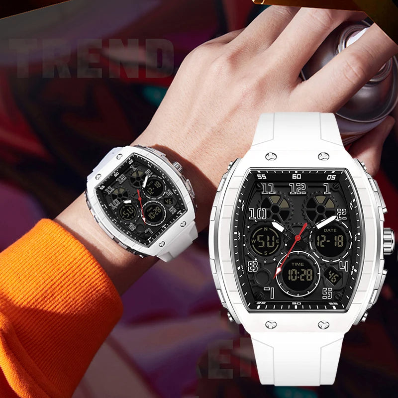 Men Sports Digital Wrist Watches for Male Clock Dual Display Man Tonneau Watches Chronograph Luminous Silicone Band Dropship