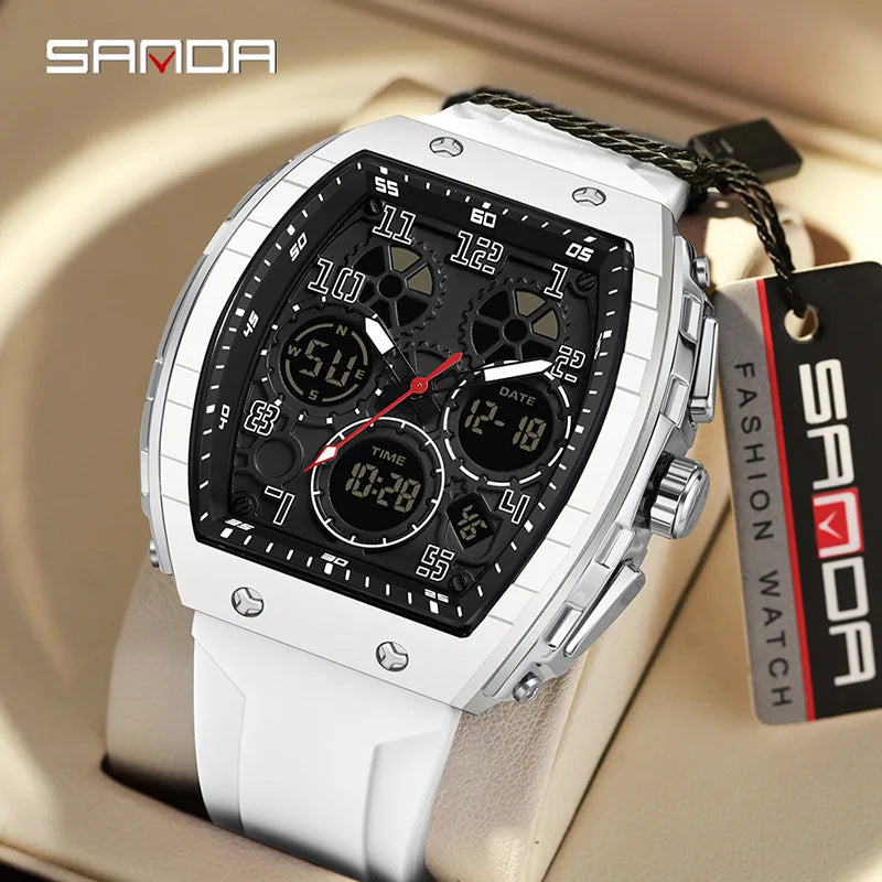 Men Sports Digital Wrist Watches for Male Clock Dual Display Man Tonneau Watches Chronograph Luminous Silicone Band Dropship
