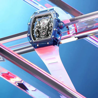 New Designer Hollow Tonneau Mechanical Watch Men Luxury Brand Skeleton Automatic Watches Mens Sport Silicone Wristwatch