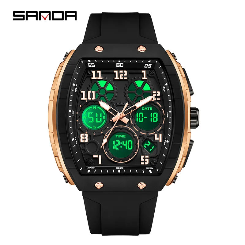 Men Sports Digital Wrist Watches for Male Clock Dual Display Man Tonneau Watches Chronograph Luminous Silicone Band Dropship