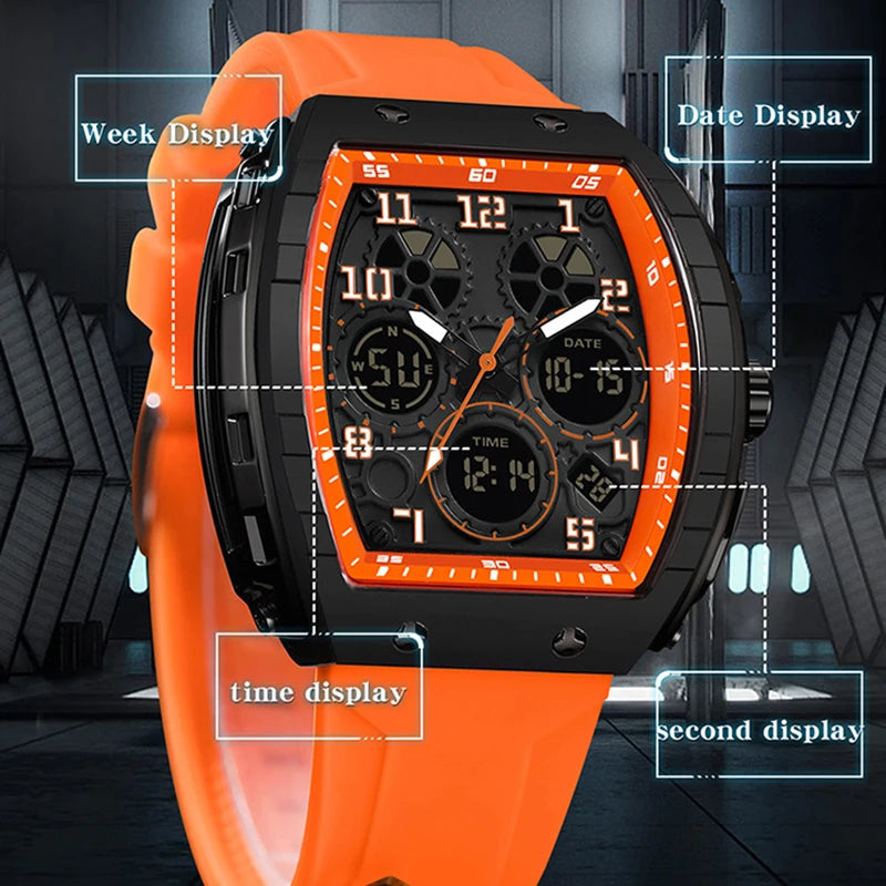 Men Sports Digital Wrist Watches for Male Clock Dual Display Man Tonneau Watches Chronograph Luminous Silicone Band Dropship