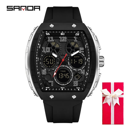 Men Sports Digital Wrist Watches for Male Clock Dual Display Man Tonneau Watches Chronograph Luminous Silicone Band Dropship