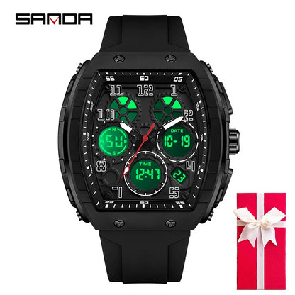 Men Sports Digital Wrist Watches for Male Clock Dual Display Man Tonneau Watches Chronograph Luminous Silicone Band Dropship