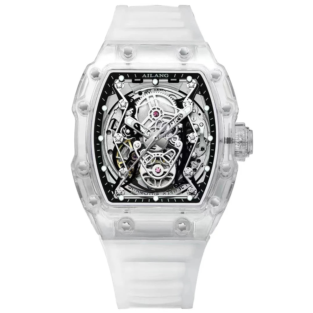 New Designer Hollow Tonneau Mechanical Watch Men Luxury Brand Skeleton Automatic Watches Mens Sport Silicone Wristwatch