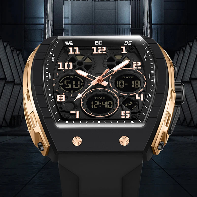 Men Sports Digital Wrist Watches for Male Clock Dual Display Man Tonneau Watches Chronograph Luminous Silicone Band Dropship