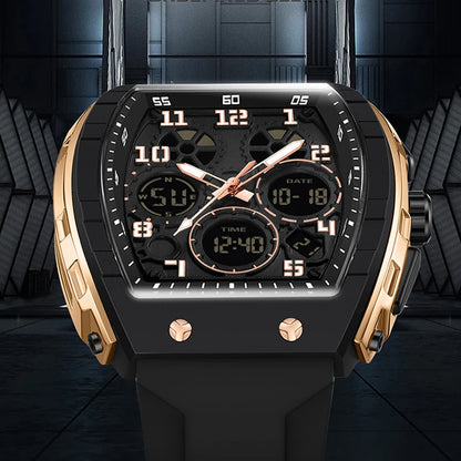 Men Sports Digital Wrist Watches for Male Clock Dual Display Man Tonneau Watches Chronograph Luminous Silicone Band Dropship